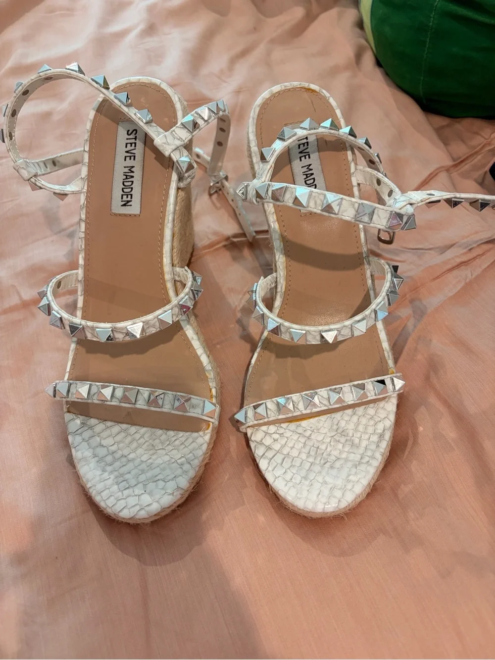 Steve Madden Maci Silver Studded Espadrille Wedge Sandals w/ Snake-Print Straps